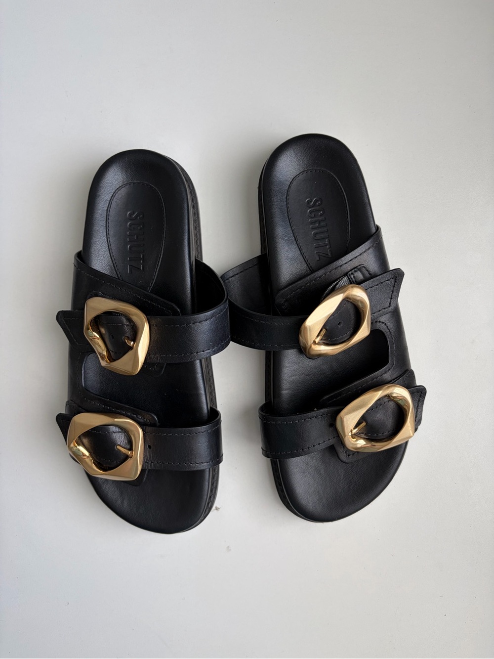 Schutz Black Leather Slide Sandals with Gold Buckles